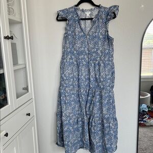 J. Crew Blue Floral Flutter Sleeve Midi Dress